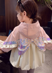 Chic Pink Hooded Sequins Ruffled Cotton Girls Coat Fall