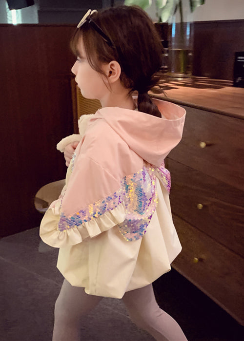 Chic Pink Hooded Sequins Ruffled Cotton Girls Coat Fall