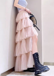 Chic Pink Low High Design High Waist Tulle Skirts Spring