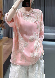 Chic Pink O-Neck Embroidered Button Silk Shirts Bracelet Sleeve