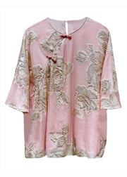 Chic Pink O-Neck Embroidered Button Silk Shirts Bracelet Sleeve