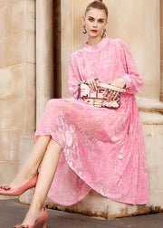 Chic Pink O-Neck Embroidered Patchwork Wrinkled Silk Velour Long Dresses Long Sleeve
