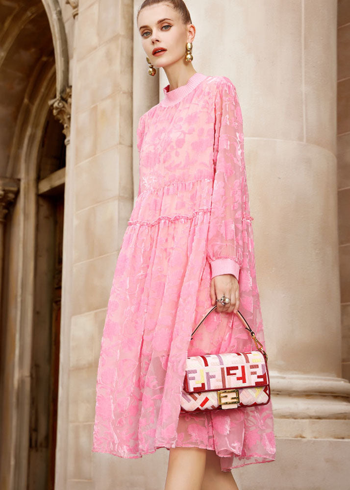 Chic Pink O-Neck Embroidered Patchwork Wrinkled Silk Velour Long Dresses Long Sleeve