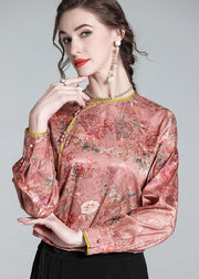 Chic Pink O Neck Jacquard Chinese Button Patchwork Silk Shirt Spring