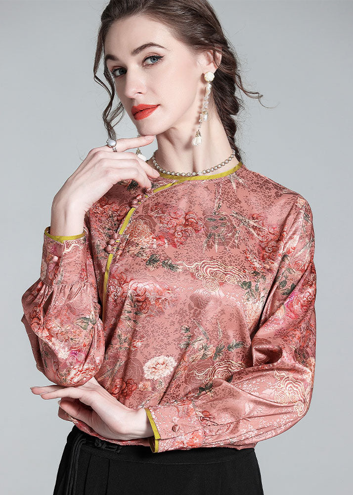 Chic Pink O Neck Jacquard Chinese Button Patchwork Silk Shirt Spring