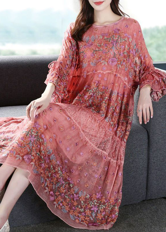 Chic Pink O-Neck Oversized Embroideried Silk Dresses Flare Sleeve