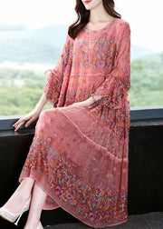 Chic Pink O-Neck Oversized Embroidered Silk Dresses Flare Sleeve