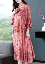 Chic Pink O-Neck Oversized Embroidered Silk Dresses Flare Sleeve