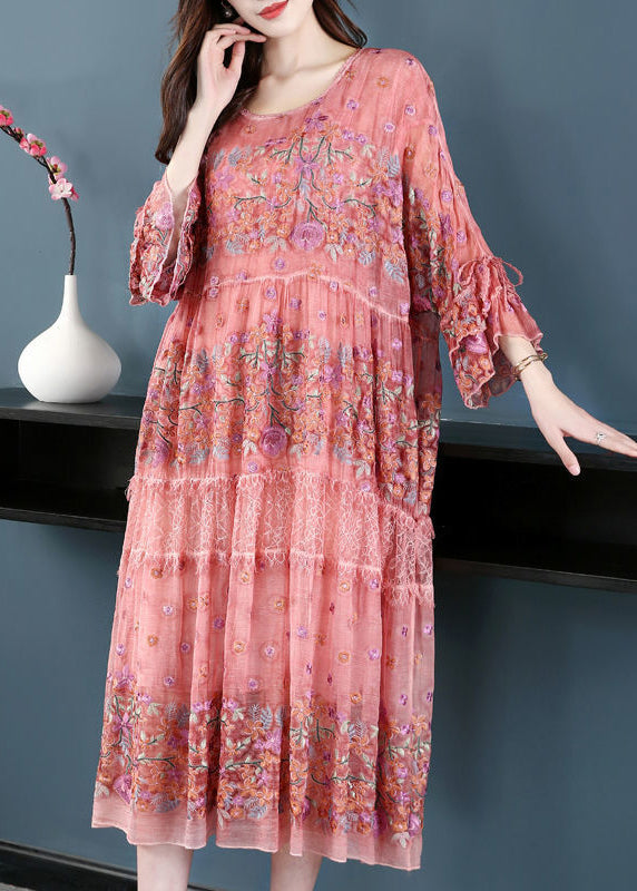 Chic Pink O-Neck Oversized Embroideried Silk Dresses Flare Sleeve