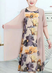 Chic Pink O-Neck Print Patchwork Chiffon Two Piece Suit Summer