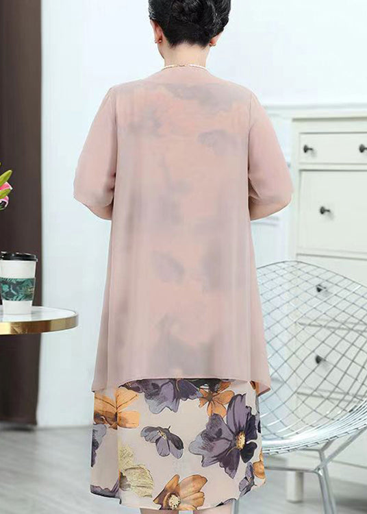 Chic Pink O-Neck Print Patchwork Chiffon Two Piece Suit Summer