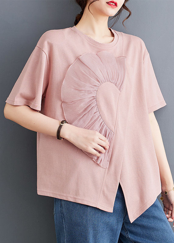 Chic Pink O Neck Wrinkled Patchwork Cotton T Shirt Top Summer