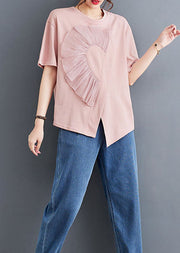 Chic Pink O Neck Wrinkled Patchwork Cotton T Shirt Top Summer