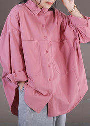 Chic Pink Peter Pan Collar Button Pockets Shirts Long Sleeve