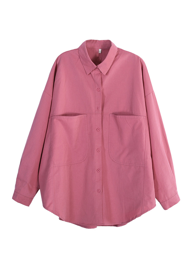 Schicke rosa Bubikragen-Knopftaschen-Hemden mit langen Ärmeln