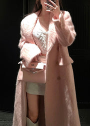 Chic Pink Peter Pan Collar Double Breast Patchwork Woolen Coat Winter