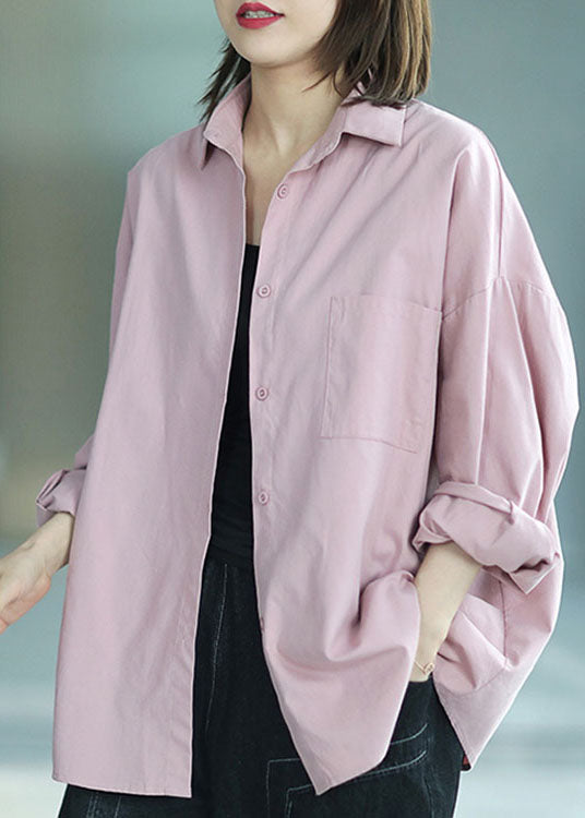 Chic Pink PeterPan Collar Button Pockets Fall Shirt Long sleeve
