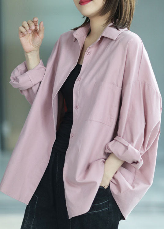 Schicke rosa PeterPan-Kragen-Knopf-Taschen-Herbst-Hemd mit langen Ärmeln