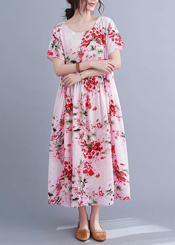 Chic Pink Print Cotton Pockets Summer Dress - SooLinen