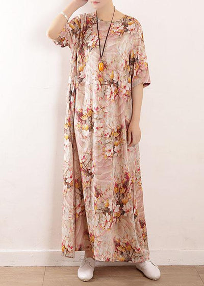 Chic Pink Print Oriental Summer Maxi Dress - SooLinen