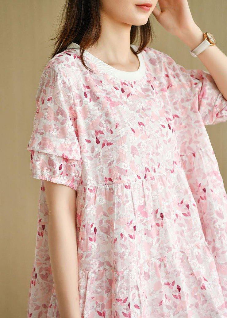 Chic Pink Puff Sleeve Print Summer Cotton Dresses - SooLinen