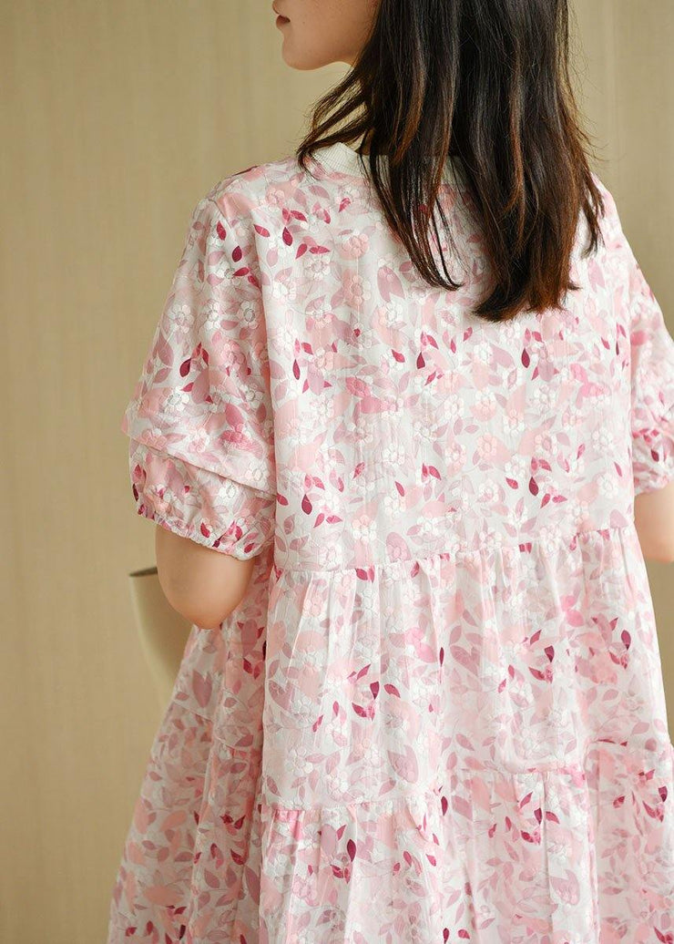 Chic Pink Puff Sleeve Print Summer Cotton Dresses - SooLinen