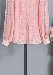 Chic Pink Ruffled Button Lace Shirt Long Sleeve