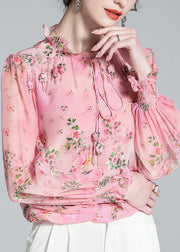 Chic Pink Ruffled Print Tassel Neck TIie Silk Shirt Long Sleeve