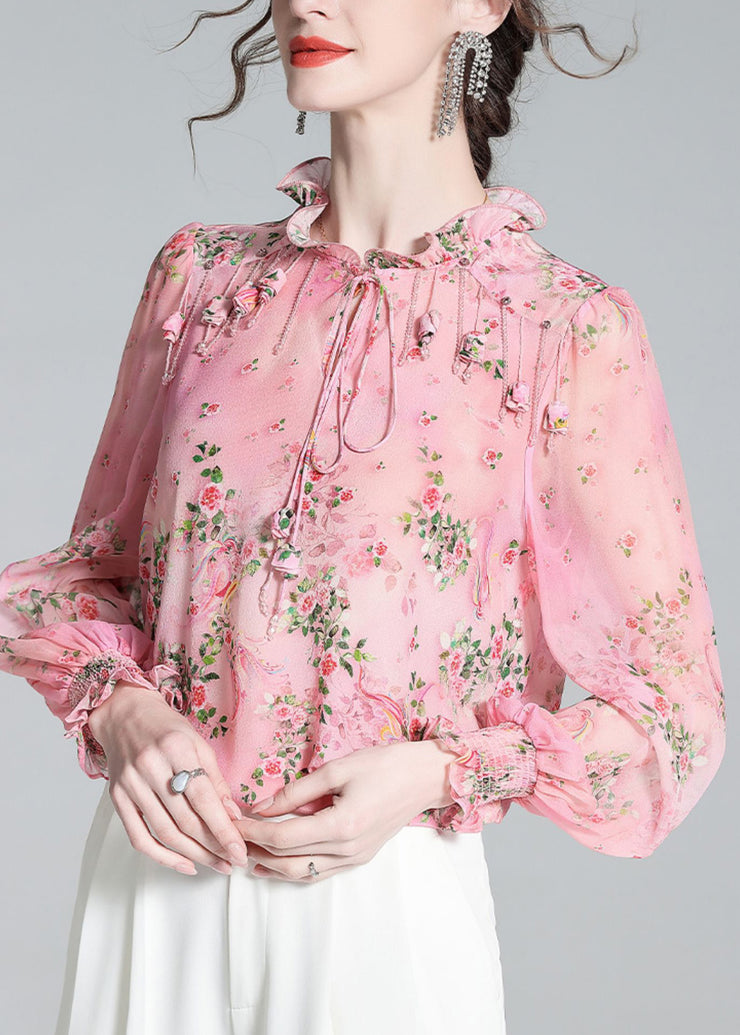 Chic Pink Ruffled Print Tassel Neck TIie Silk Shirt Long Sleeve