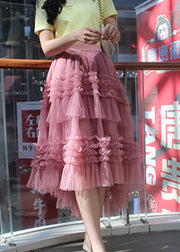 Chic Pink Ruffled asymmetrical design tulle Skirts Spring