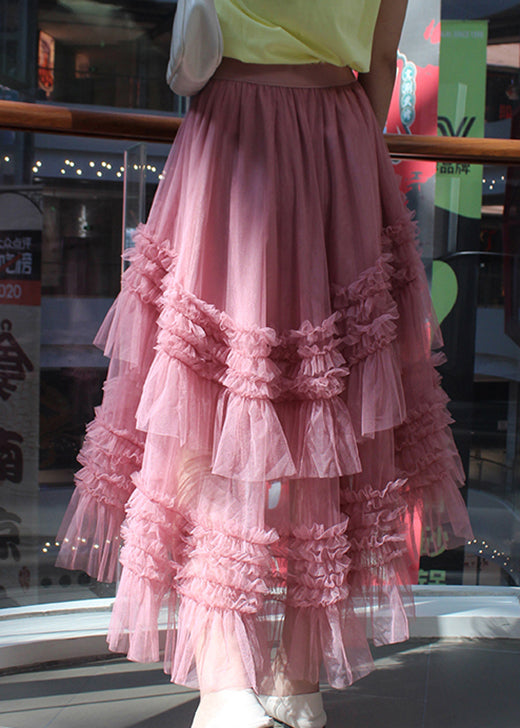Chic Pink Ruffled asymmetrical design tulle Skirts Spring