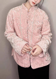 Chic Pink Sequins Button Silk Velvet Coats Long Sleeve