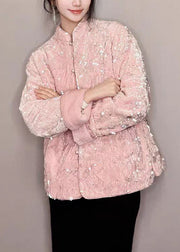 Chic Pink Sequins Button Silk Velvet Coats Long Sleeve