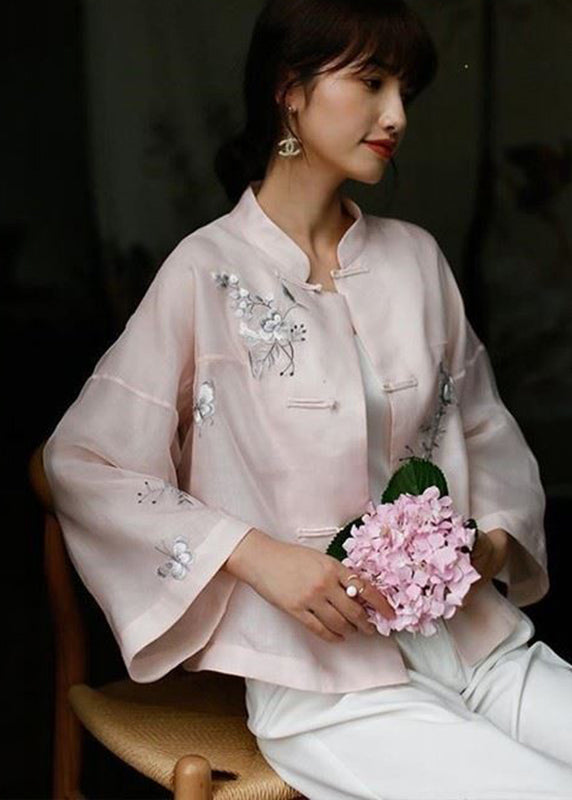 Chic Pink Stand Collar Embroidered Floral Button Top Long Sleeve
