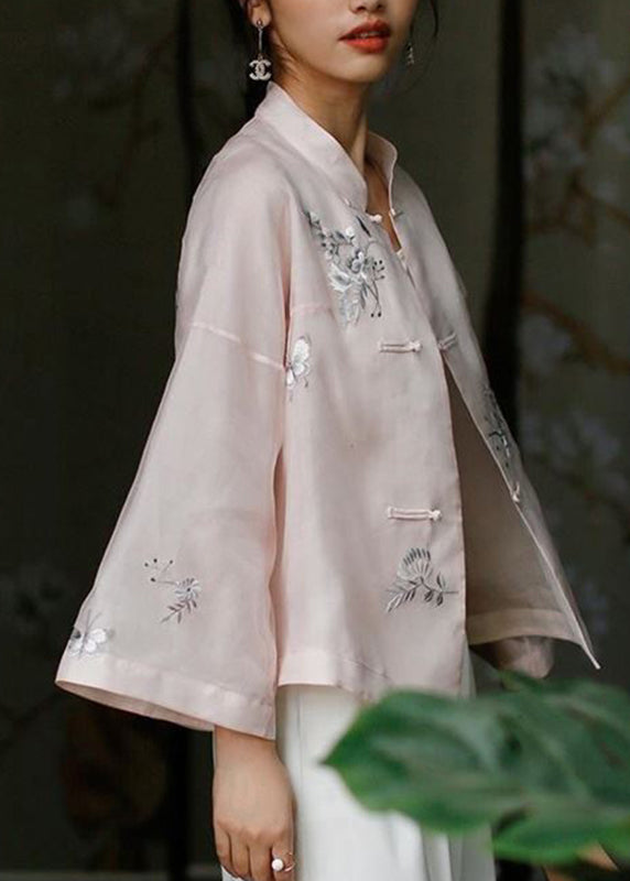 Chic Pink Stand Collar Embroidered Floral Button Top Long Sleeve