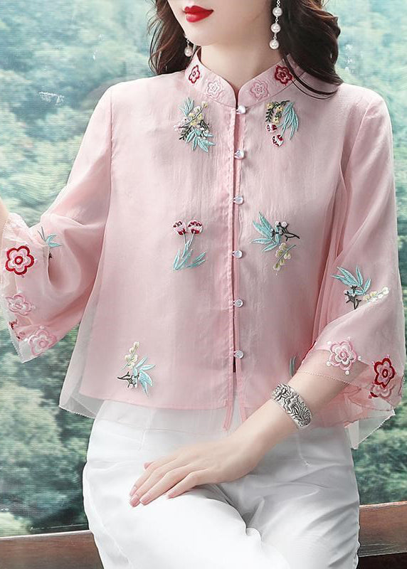 Chic Pink Stand Collar Embroidered Patchwork Chiffon Tops Summer