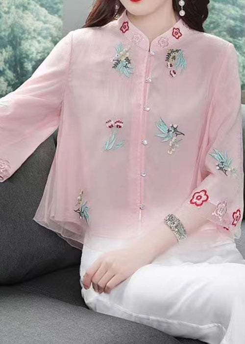 Chic Pink Stand Collar Embroidered Patchwork Chiffon Tops Summer