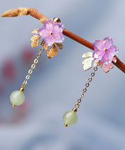 Chic Pink Sun Flower Crystal Fine Jade 14K Gold Quasten-Tropfen-Ohrringe
