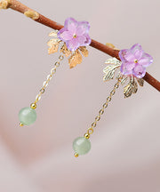 Chic Pink Sun Flower Crystal Fine Jade 14K Gold Tassel Drop Earrings