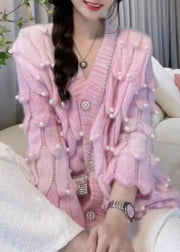 Chic Pink Tie Dye V Neck Nail Bead Patchwork Knit Cardigan Fall