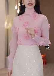 Chic Pink Turtleneck Floral Tulle Top Long Sleeve