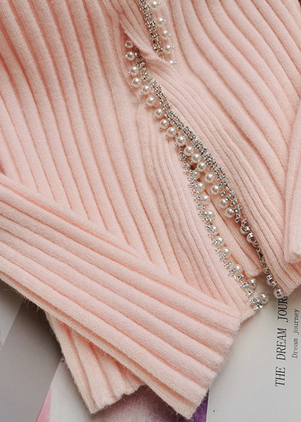 Chic Pink V Neck Nail Bead Silm Fit Knit Sweaters Winter