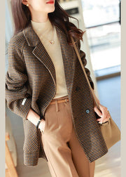 Chic Plaid Notched Pockets Wooled Blend Coats Long Sleeve