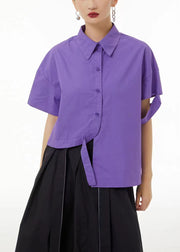 Chic Purple Asymmetrical Design Cotton Blouse Top Summer