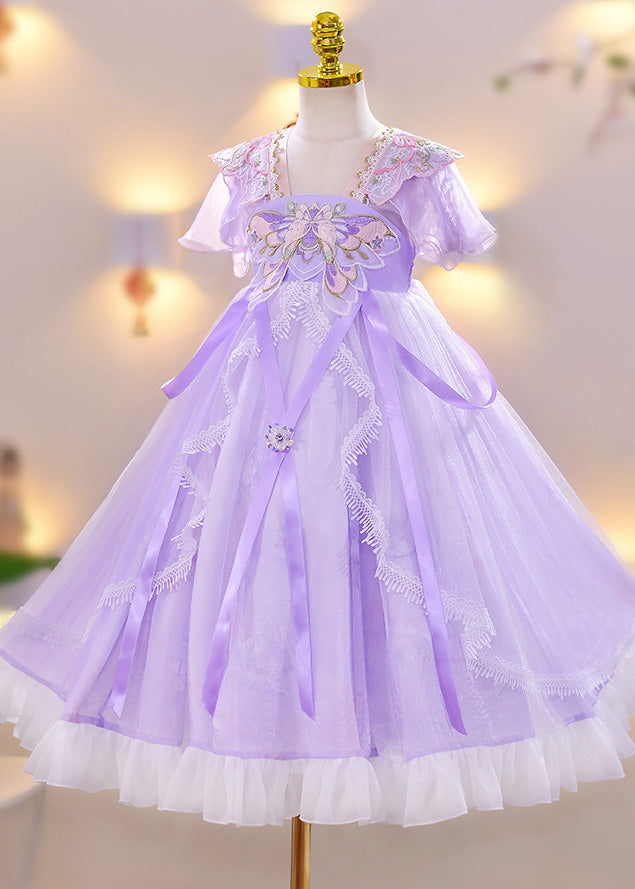 Chic Purple Embroidered Tassel Lace Patchwork Tulle Girls Maxi Dress Summer
