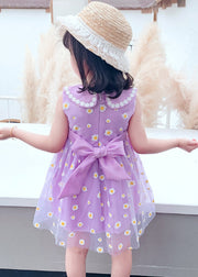 Chic Purple Floral Wrinkled Tulle Kids Party Long Dress Sleeveless