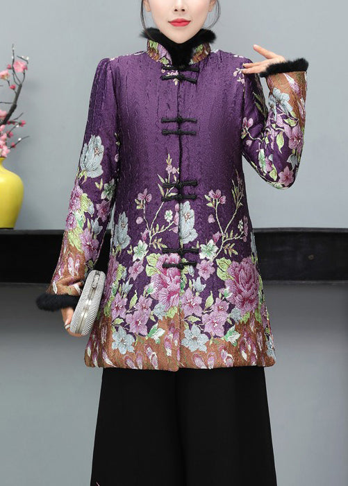 Chic Purple Fur Collar Print Fine Cotton Filled Coat Long Sleeve
