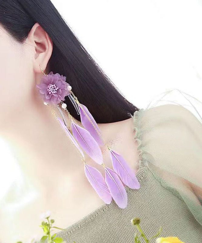 Chic Purple Hand Woven Feather Tassel Drop Earrings