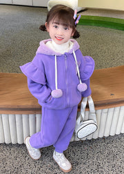 Chic Purple Hooded Zippered Patchwork Warm Fleece Girls Two Pieces Set Winter