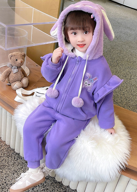 Chic Purple Hooded Zippered Patchwork Warm Fleece Girls Two Pieces Set Winter